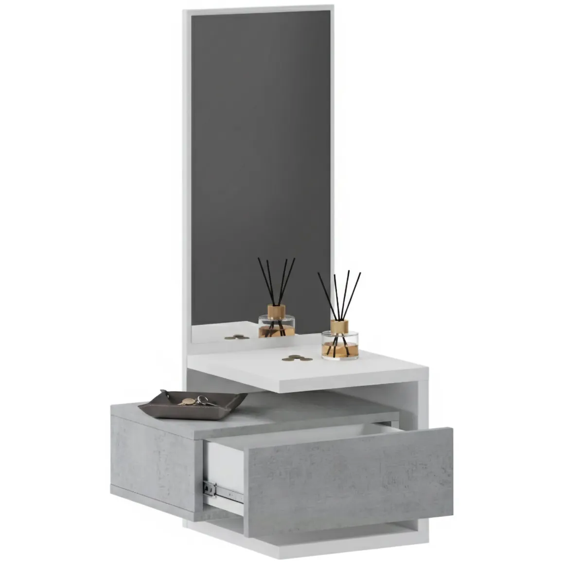 Mobile da Ingresso Bianco Grigio Cemento Specchio Incluso un Cassetto 43x32x90h cm, Installazione Sospesa - Tesero