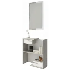 Mobile da Ingresso Bianco Grigio Cemento Specchio Incluso un Ripiano 83x29x190h cm, 2 Cassetti - Legionari