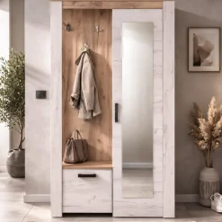 Mobile da Ingresso Bianco Larice Marrone Rovere Specchio Incluso 5 Ripiani 114x36.5x195h cm, Appendiabiti - Valva