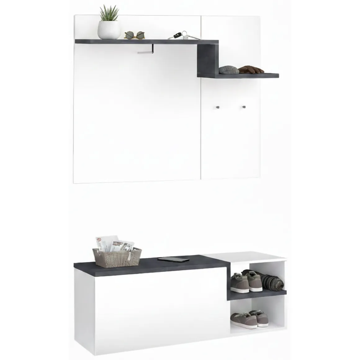 Mobile da Ingresso Bianco Lucido Grigio Ardesia 3 Ripiani Appendiabiti 120x40x154h cm, 2 Ante Made in Italy - Graziella