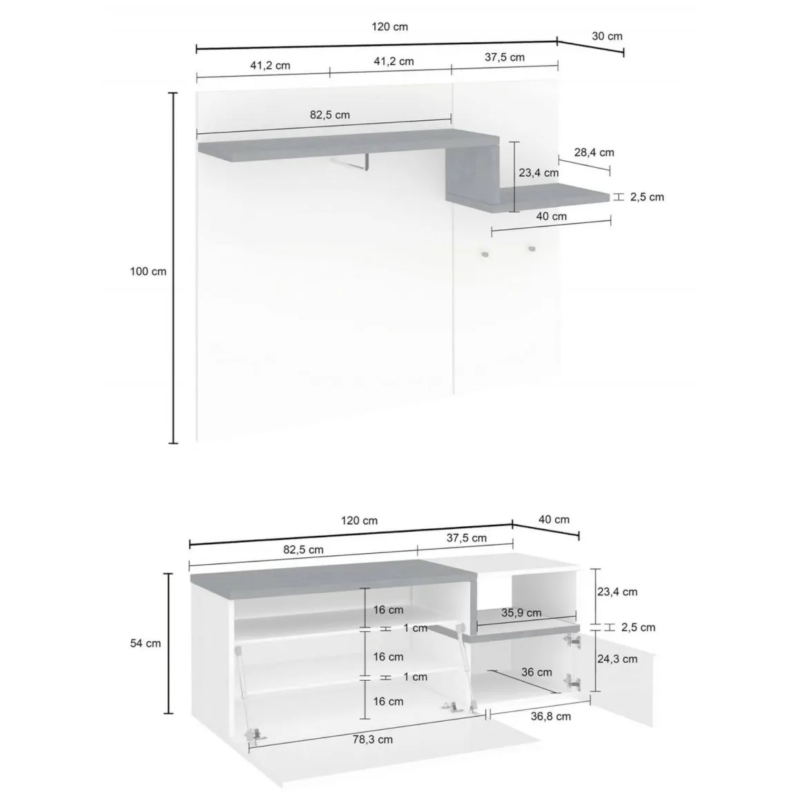Mobile da Ingresso Bianco Lucido Grigio Ardesia 3 Ripiani Appendiabiti 120x40x154h cm, 2 Ante Made in Italy - Graziella