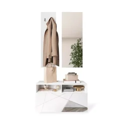 Mobile da Ingresso Bianco Lucido Trasparente Specchio Incluso Appendiabiti 91x36x165h cm, 4 Paia - Rizzuto