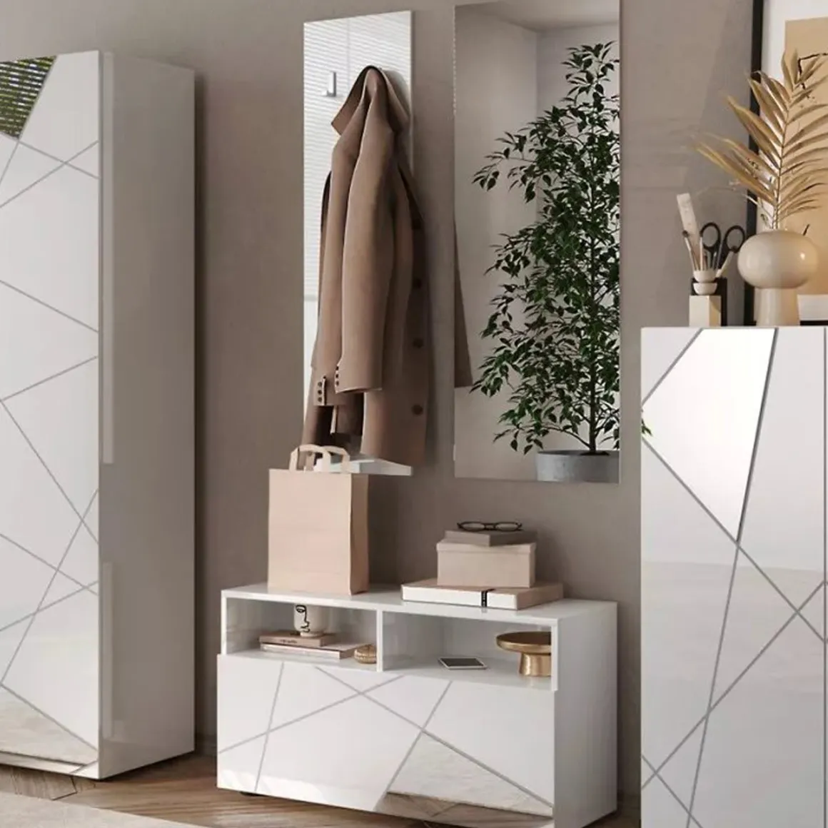 Mobile da Ingresso Bianco Lucido Trasparente Specchio Incluso Appendiabiti 91x36x165h cm, 4 Paia - Rizzuto