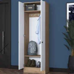 Mobile da Ingresso Bianco Marrone Noce 2 Ripiani Appendiabiti 60x38x183h cm, 2 Ante - Tursi