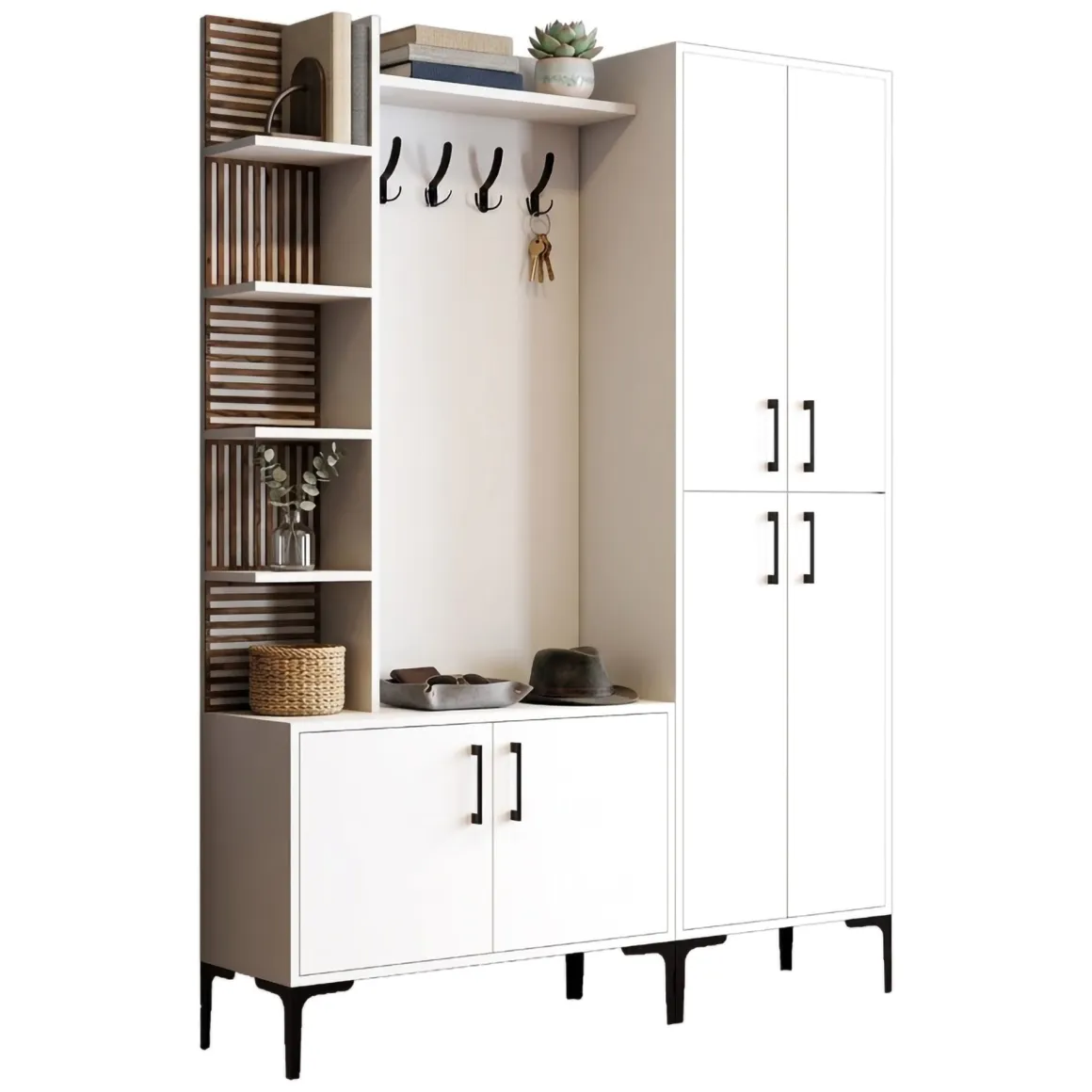 Mobili Da Ingresso > Dmora Mobile da Ingresso Bianco Marrone Noce Appendiabiti 13 Ripiani 150x35x202h cm, Apertura Battente - Paludi Marrone, Bianco Noce