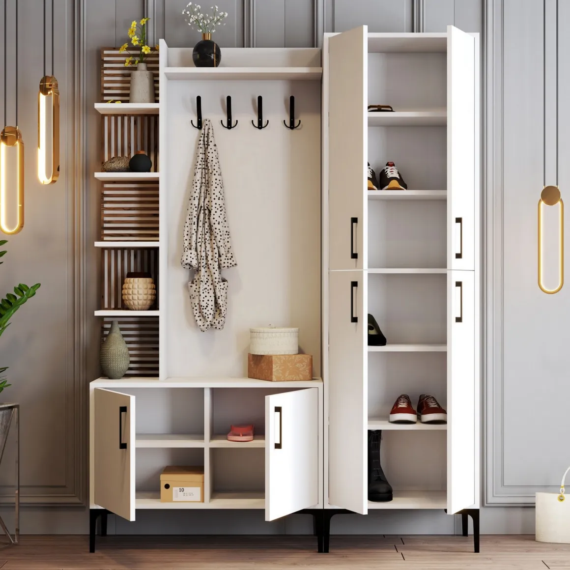 Mobili Da Ingresso > Dmora Mobile da Ingresso Bianco Marrone Noce Appendiabiti 13 Ripiani 150x35x202h cm, Apertura Battente - Paludi Marrone, Bianco Noce