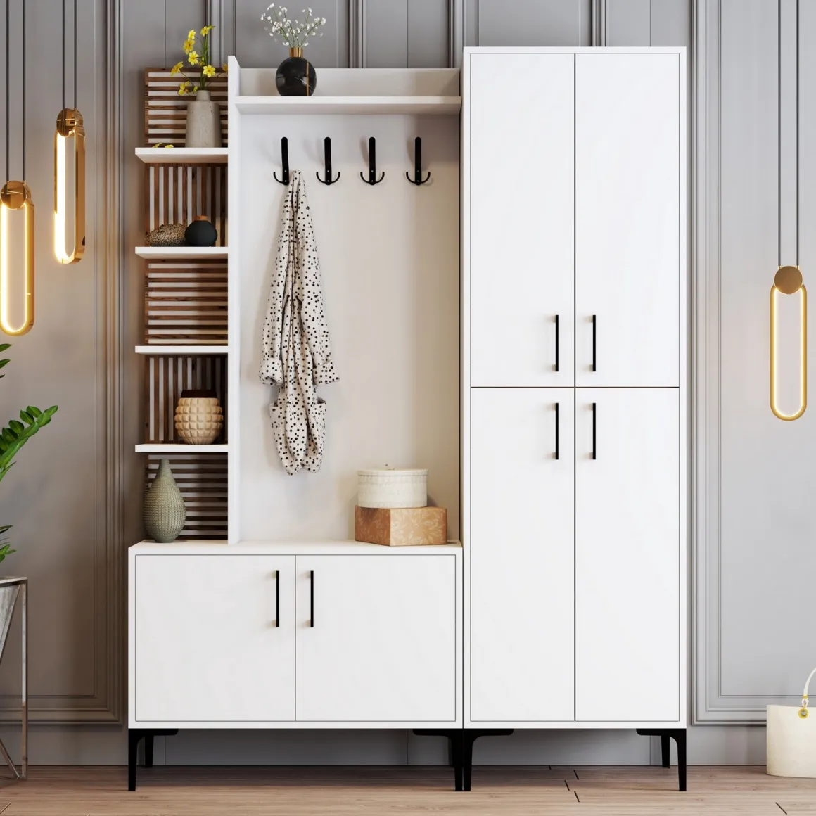 Mobili Da Ingresso > Dmora Mobile da Ingresso Bianco Marrone Noce Appendiabiti 13 Ripiani 150x35x202h cm, Apertura Battente - Paludi Marrone, Bianco Noce