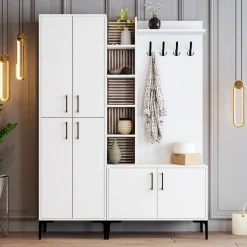 Mobili Da Ingresso > Dmora Mobile da Ingresso Bianco Marrone Noce Appendiabiti 13 Ripiani 150x35x202h cm, Apertura Battente - Paludi Marrone, Bianco Noce