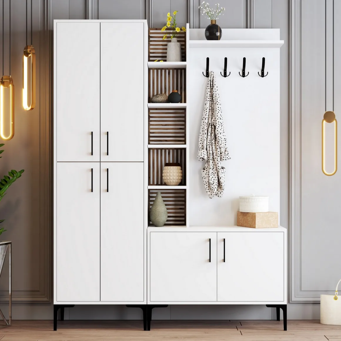 Mobili Da Ingresso > Dmora Mobile da Ingresso Bianco Marrone Noce Appendiabiti 13 Ripiani 150x35x202h cm, Apertura Battente - Paludi Marrone, Bianco Noce