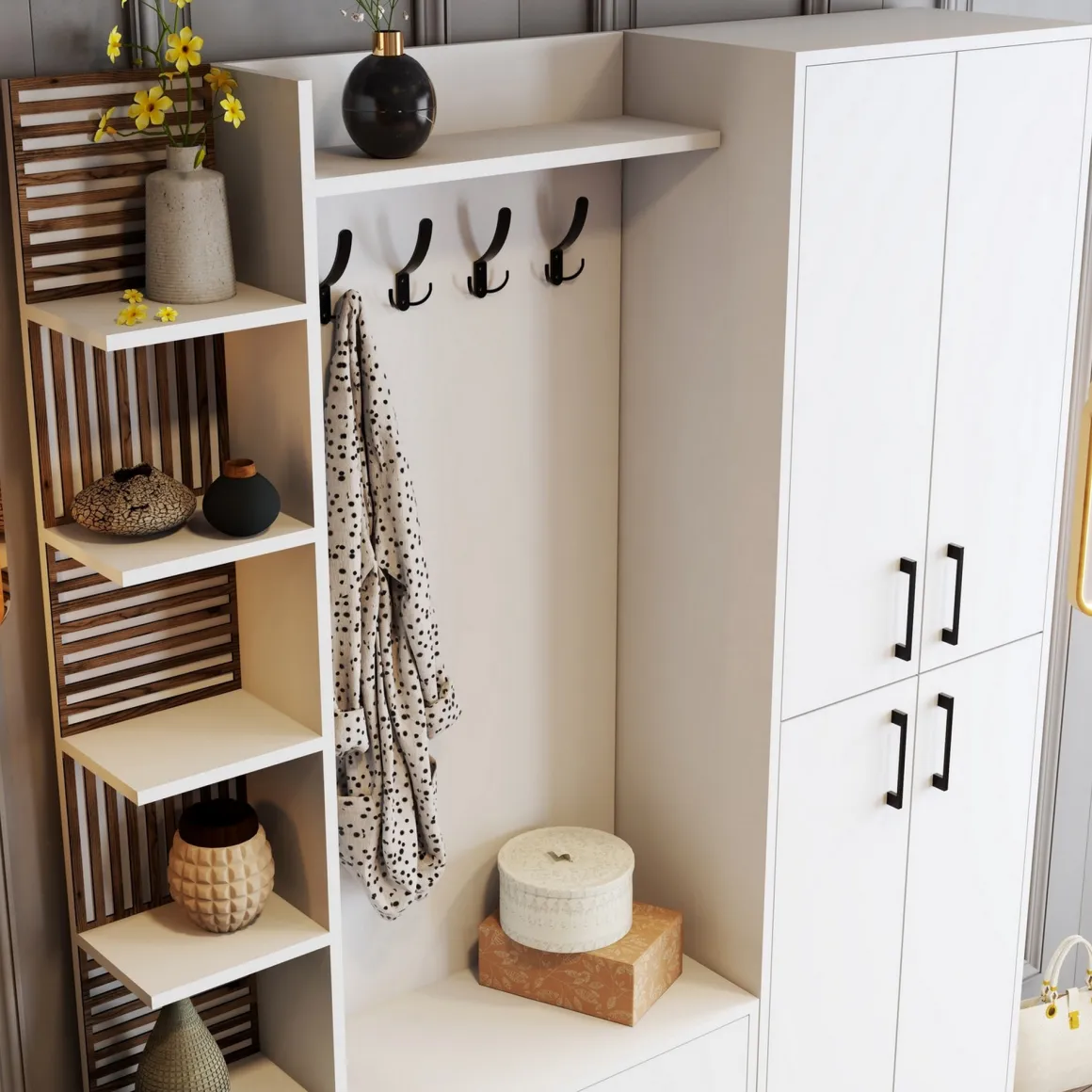 Mobili Da Ingresso > Dmora Mobile da Ingresso Bianco Marrone Noce Appendiabiti 13 Ripiani 150x35x202h cm, Apertura Battente - Paludi Marrone, Bianco Noce