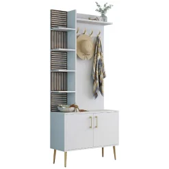 Mobile da Ingresso Bianco Marrone Noce Appendiabiti 13 Ripiani 90x35x200h cm, Apertura Battente - Loceri
