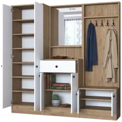 Mobile da Ingresso Bianco Marrone Noce Specchio Incluso Appendiabiti 179x36x183h cm, 11 Ripiani - Elmas