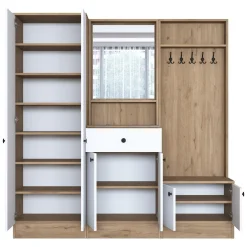 Mobile da Ingresso Bianco Marrone Noce Specchio Incluso Appendiabiti 179x36x183h cm, 11 Ripiani - Elmas