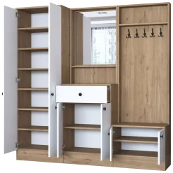 Mobile da Ingresso Bianco Marrone Noce Specchio Incluso Appendiabiti 179x36x183h cm, 11 Ripiani - Elmas