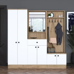 Mobile da Ingresso Bianco Marrone Noce Specchio Incluso Appendiabiti 179x36x183h cm, 11 Ripiani - Elmas