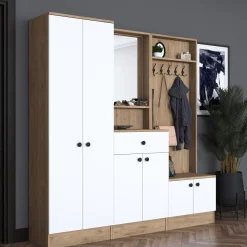 Mobile da Ingresso Bianco Marrone Noce Specchio Incluso Appendiabiti 179x36x183h cm, 11 Ripiani - Elmas