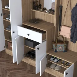 Mobile da Ingresso Bianco Marrone Noce Specchio Incluso Appendiabiti 179x36x183h cm, 11 Ripiani - Elmas