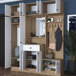 Mobile da Ingresso Bianco Marrone Noce Specchio Incluso Appendiabiti 179x38x226h cm, 11 Ripiani - Torpe