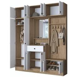 Mobile da Ingresso Bianco Marrone Noce Specchio Incluso Appendiabiti 179x38x226h cm, 11 Ripiani - Torpe