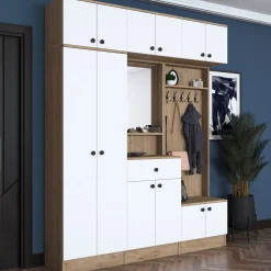 Mobile da Ingresso Bianco Marrone Noce Specchio Incluso Appendiabiti 179x38x226h cm, 11 Ripiani - Torpe