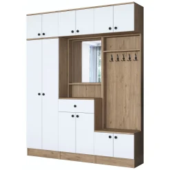 Mobile da Ingresso Bianco Marrone Noce Specchio Incluso Appendiabiti 179x38x226h cm, 11 Ripiani - Torpe