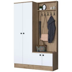 Mobile da Ingresso Bianco Marrone Rovere 5 Ripiani Appendiabiti 120x36x183h cm, 4 Ante - Rezzato
