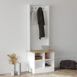 Mobile da Ingresso Bianco Marrone Rovere 6 Ripiani Appendiabiti 64x43x175h cm, 4 Vani - Verderio