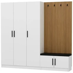 Mobili Da Ingresso > Dmora Mobile da Ingresso Bianco Marrone Rovere 7 Ripiani Appendiabiti 225x35x210h cm, 5 Ante - Tolfa Marrone, Bianco Rovere