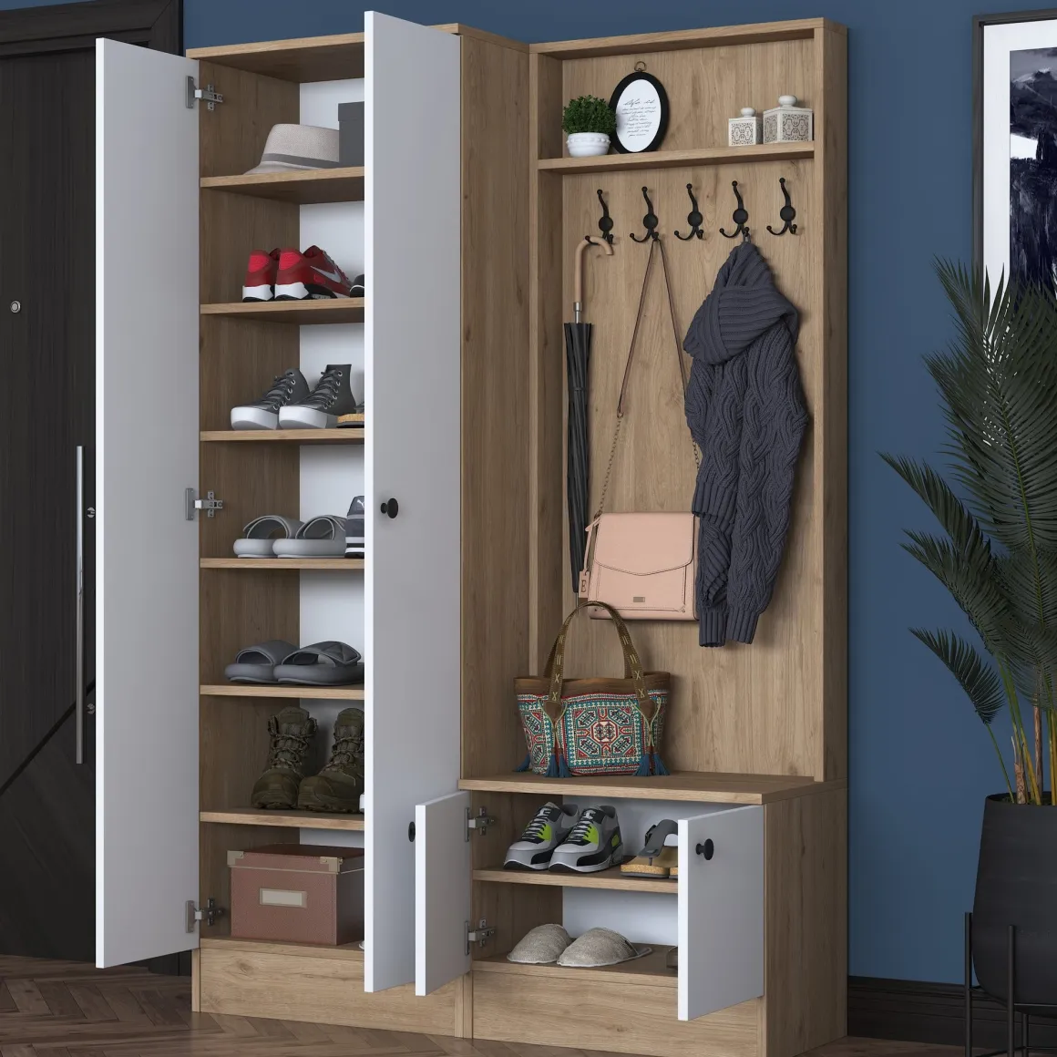 Mobile da Ingresso Bianco Marrone Rovere 9 Ripiani Appendiabiti 120x38x183h cm, 4 Ante - Osilo