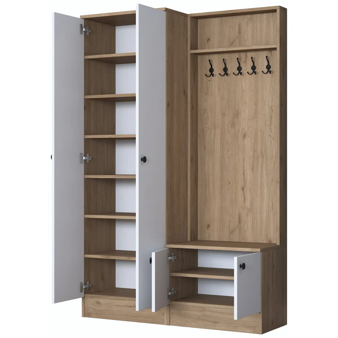 Mobile da Ingresso Bianco Marrone Rovere 9 Ripiani Appendiabiti 120x38x183h cm, 4 Ante - Osilo