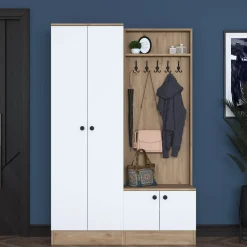 Mobile da Ingresso Bianco Marrone Rovere 9 Ripiani Appendiabiti 120x38x183h cm, 4 Ante - Osilo