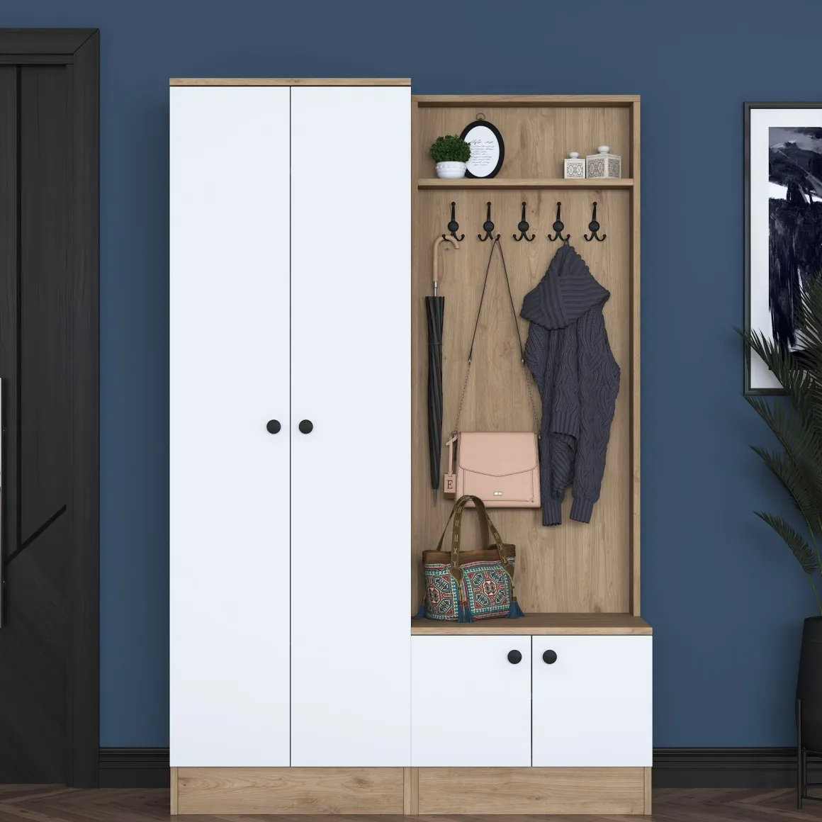 Mobile da Ingresso Bianco Marrone Rovere 9 Ripiani Appendiabiti 120x38x183h cm, 4 Ante - Osilo