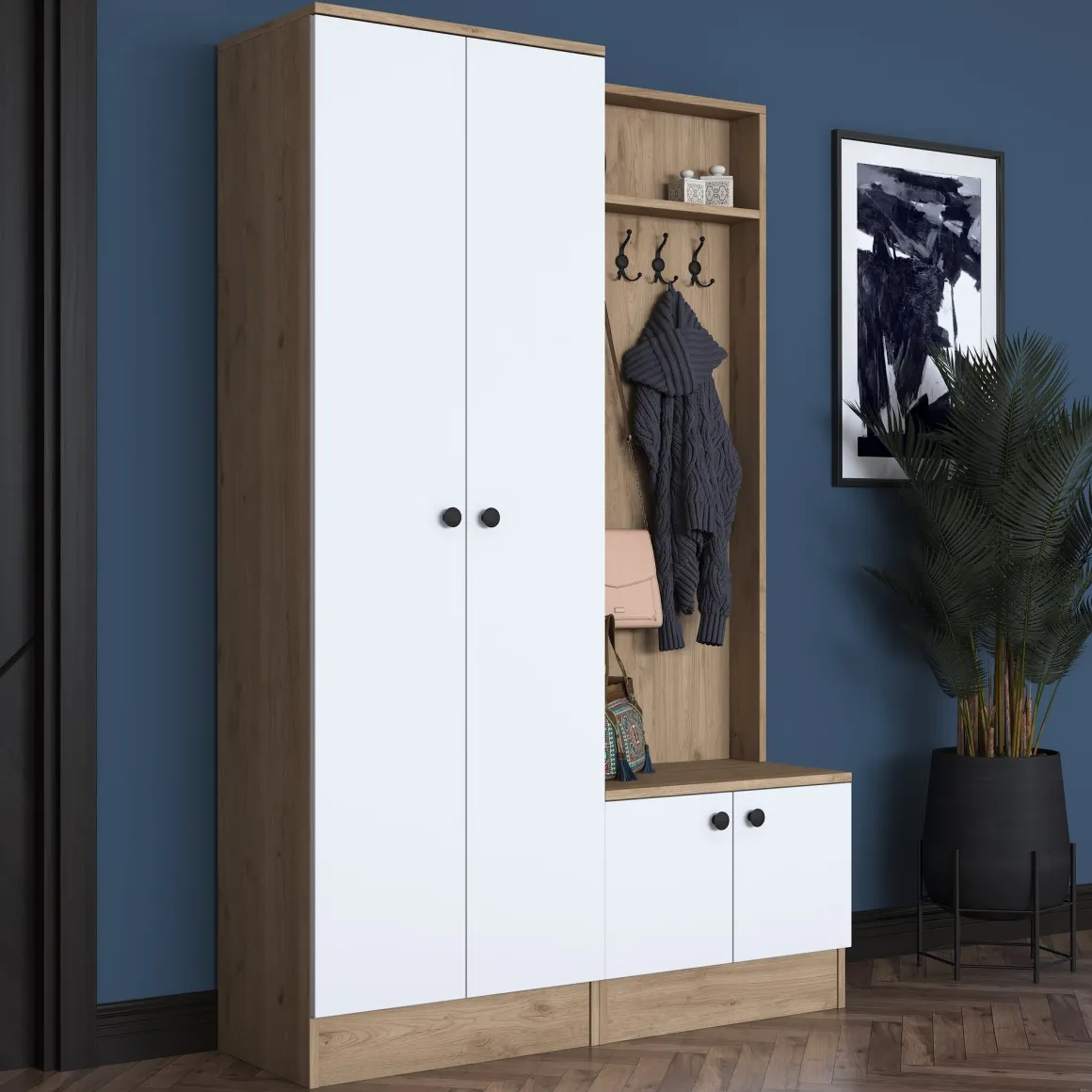 Mobile da Ingresso Bianco Marrone Rovere 9 Ripiani Appendiabiti 120x38x183h cm, 4 Ante - Osilo
