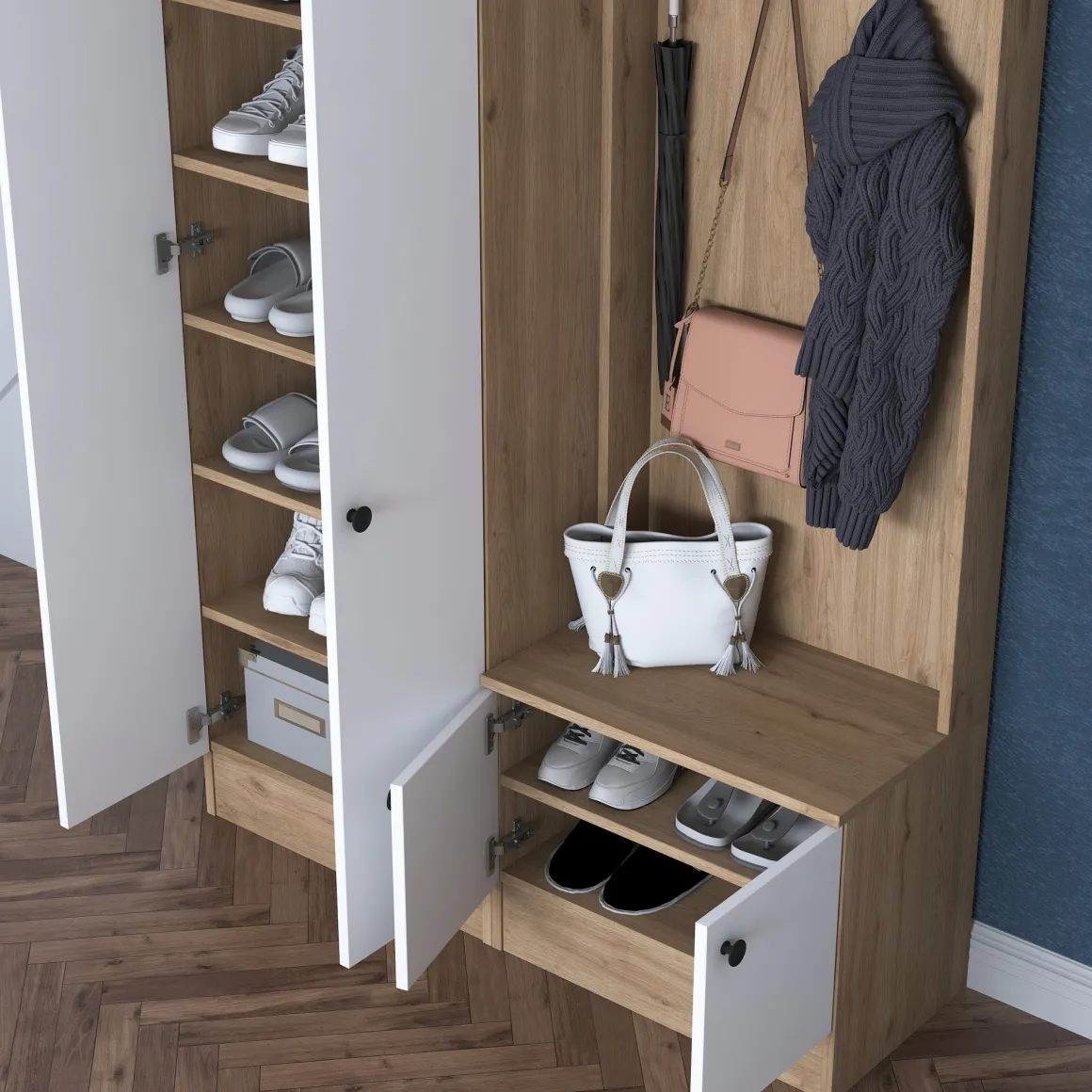Mobile da Ingresso Bianco Marrone Rovere 9 Ripiani Appendiabiti 120x38x183h cm, 4 Ante - Osilo