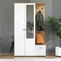 Mobile da Ingresso Bianco Marrone Rovere Nodi Specchio Incluso 4 Ripiani 116x35x197h cm, Appendiabiti - Raroto