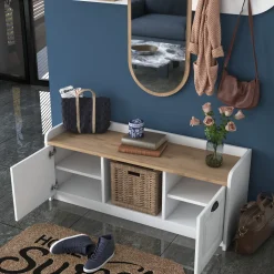Mobili Da Ingresso > Dmora Mobile da Ingresso Bianco Marrone Rovere Specchio Incluso 5 Ripiani 120x40x45h cm, Appendiabiti - Crespino Marrone, Bianco Rovere