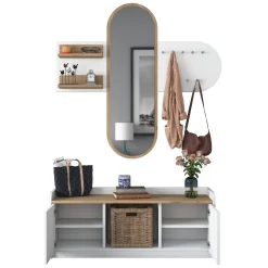 Mobili Da Ingresso > Dmora Mobile da Ingresso Bianco Marrone Rovere Specchio Incluso 5 Ripiani 120x40x45h cm, Appendiabiti - Crespino Marrone, Bianco Rovere
