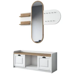 Mobili Da Ingresso > Dmora Mobile da Ingresso Bianco Marrone Rovere Specchio Incluso 5 Ripiani 120x40x45h cm, Appendiabiti - Crespino Marrone, Bianco Rovere