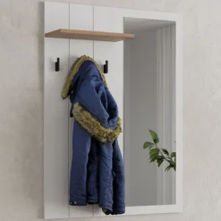 Mobile da Ingresso Bianco Marrone Rovere Specchio Incluso un Ripiano 77x20x102h cm, Appendiabiti - Kaikou