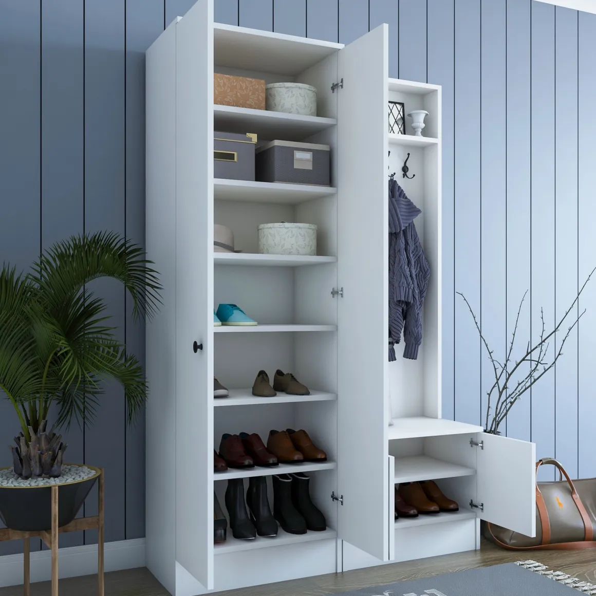 Mobile da Ingresso Bianco Nero 3 Ripiani Appendiabiti 120x37x183h cm, 4 Ante - Grue