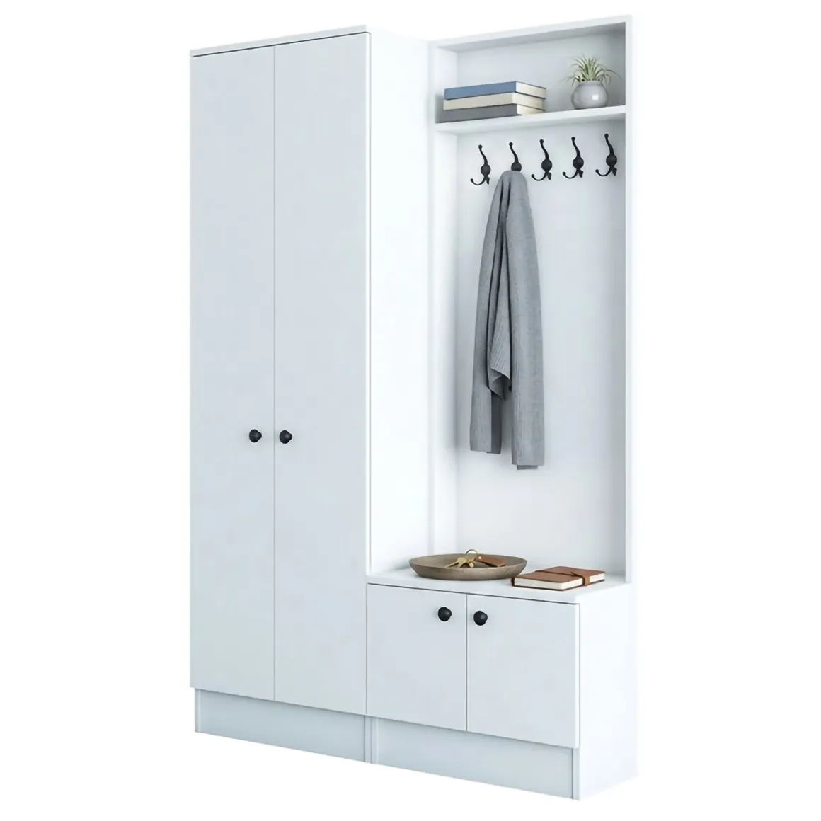 Mobile da Ingresso Bianco Nero 3 Ripiani Appendiabiti 120x37x183h cm, 4 Ante - Grue