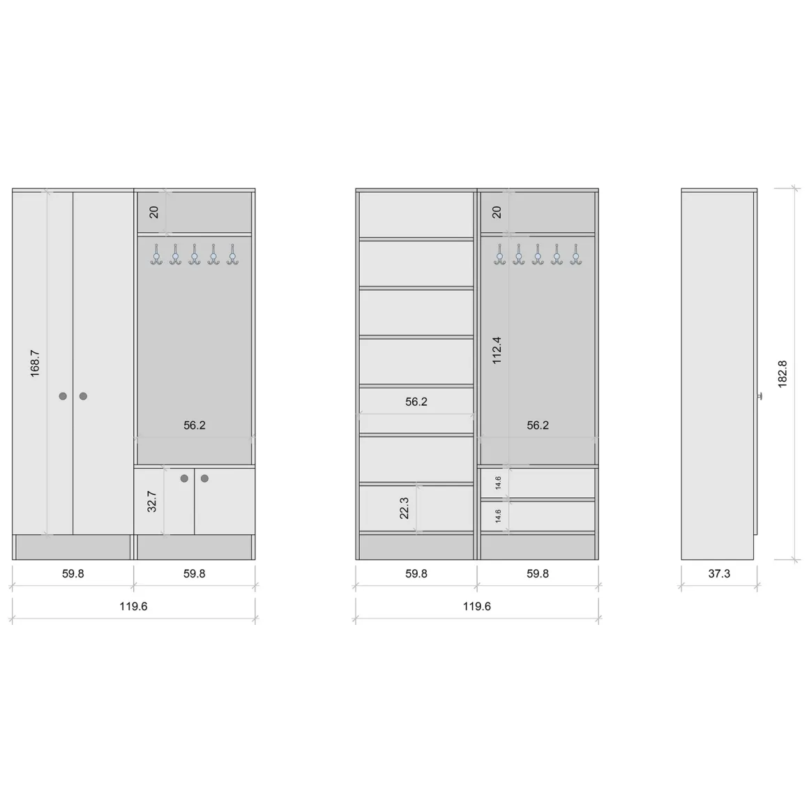 Mobile da Ingresso Bianco Nero 3 Ripiani Appendiabiti 120x37x183h cm, 4 Ante - Grue
