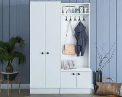 Mobile da Ingresso Bianco Nero 3 Ripiani Appendiabiti 120x37x183h cm, 4 Ante - Grue