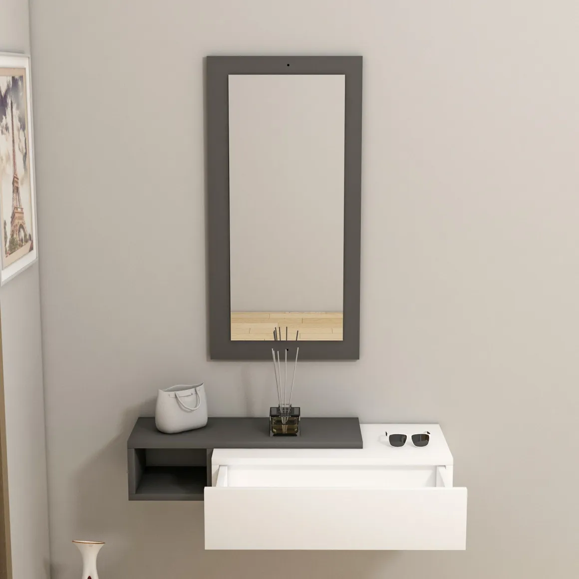 Mobile da Ingresso Bianco Nero Antracite Specchio Incluso un Cassetto 82x30x16h cm, un Ripiano - Ingria