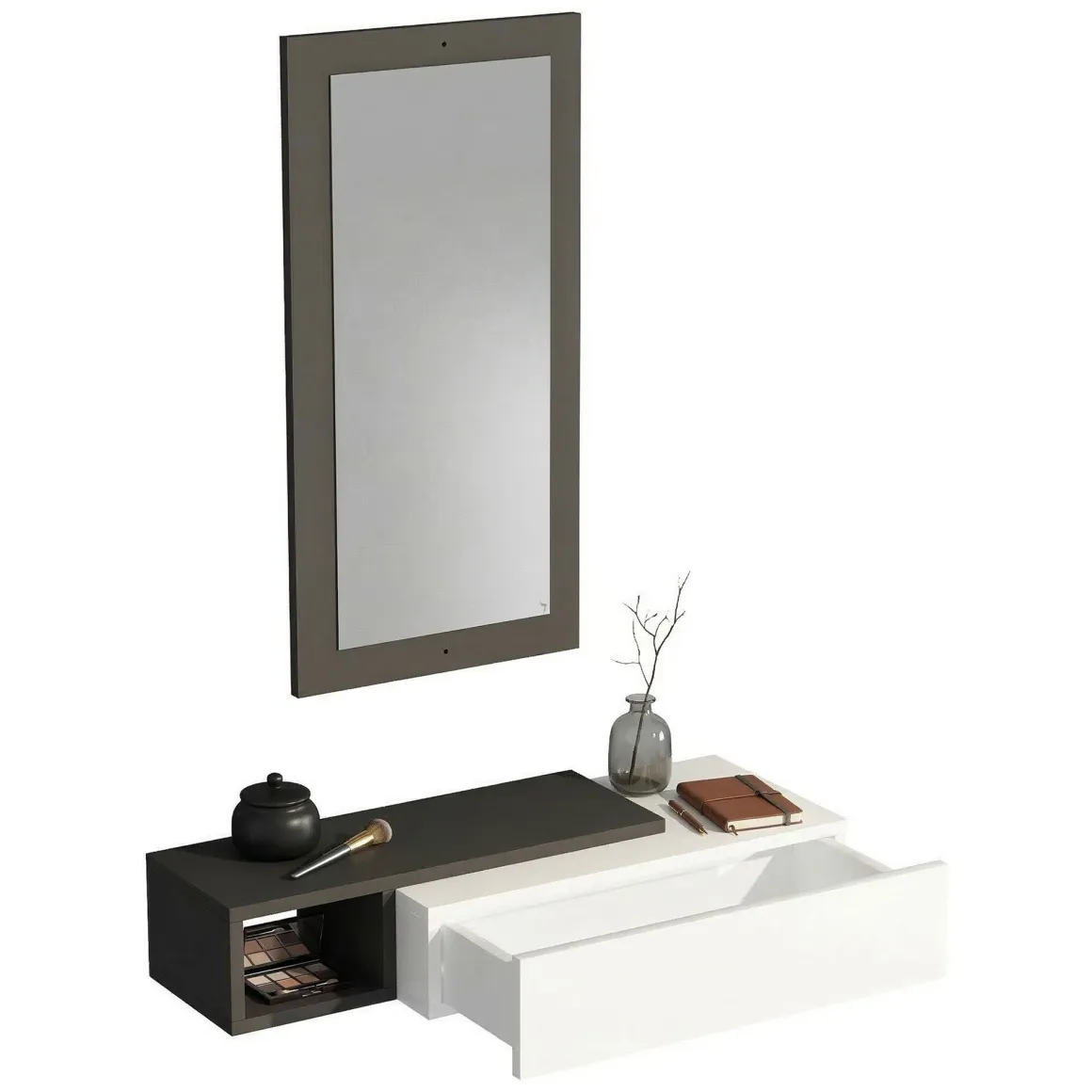Mobile da Ingresso Bianco Nero Antracite Specchio Incluso un Cassetto 82x30x16h cm, un Ripiano - Ingria