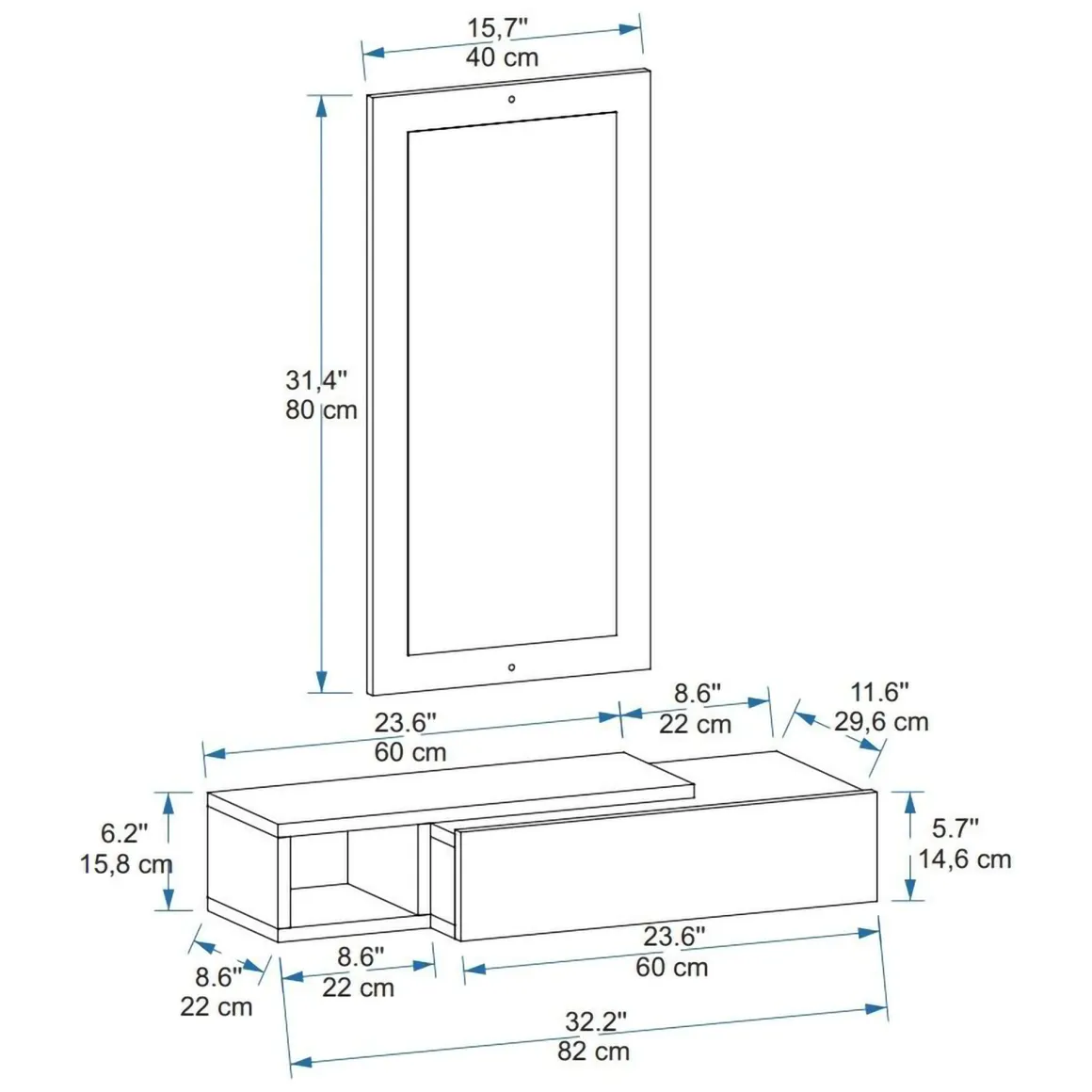 Mobile da Ingresso Bianco Nero Antracite Specchio Incluso un Cassetto 82x30x16h cm, un Ripiano - Ingria