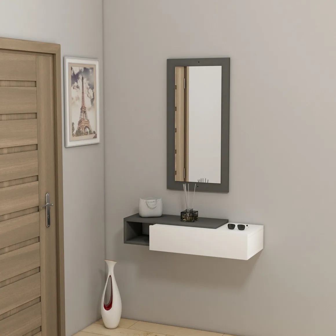 Mobile da Ingresso Bianco Nero Antracite Specchio Incluso un Cassetto 82x30x16h cm, un Ripiano - Ingria