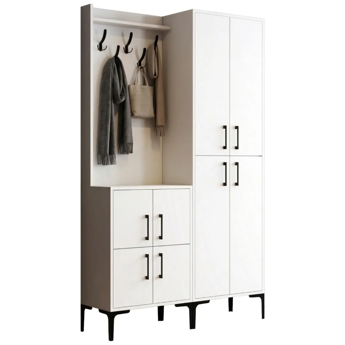 Mobile da Ingresso Bianco Nero Appendiabiti 7 Ripiani 120x35x200h cm, Apertura Battente - Fondra
