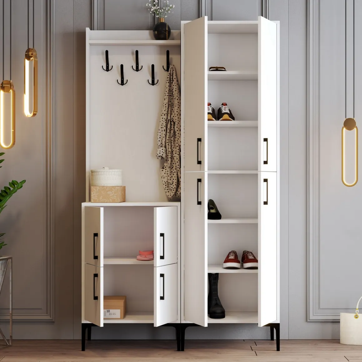 Mobile da Ingresso Bianco Nero Appendiabiti 7 Ripiani 120x35x200h cm, Apertura Battente - Fondra