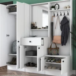 Mobile da Ingresso Bianco Nero Specchio Incluso Appendiabiti 179x37x183h cm, 7 Ripiani - Manzano